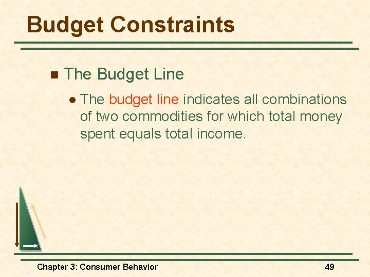 Budget Constraints n The Budget Line l The budget line indicates all combinations of