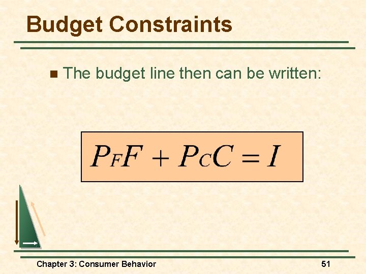 Budget Constraints n The budget line then can be written: Chapter 3: Consumer Behavior