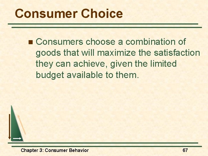 Consumer Choice n Consumers choose a combination of goods that will maximize the satisfaction