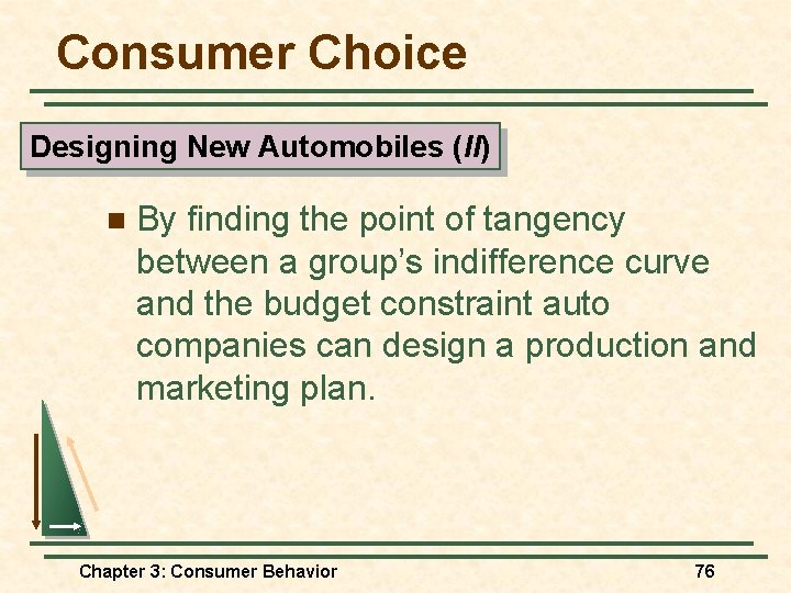 Consumer Choice Designing New Automobiles (II) n By finding the point of tangency between