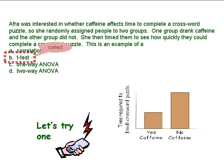 Afra was interested in whether caffeine affects time to complete a cross-word puzzle, so