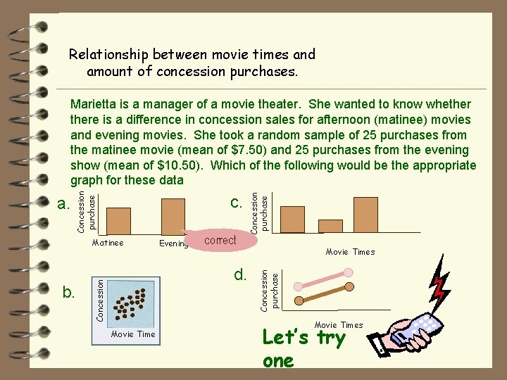 Relationship between movie times and amount of concession purchases. Matinee correct d. Concession b.