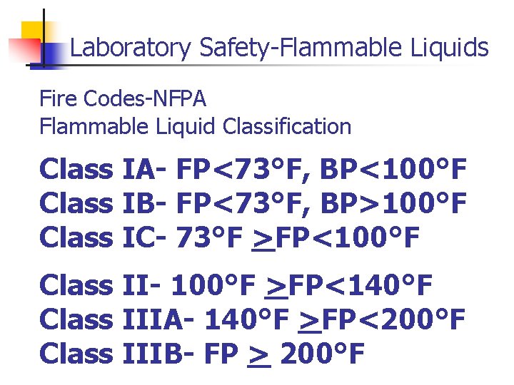 Laboratory Safety-Flammable Liquids Fire Codes-NFPA Flammable Liquid Classification Class IA- FP<73°F, BP<100°F Class IB-