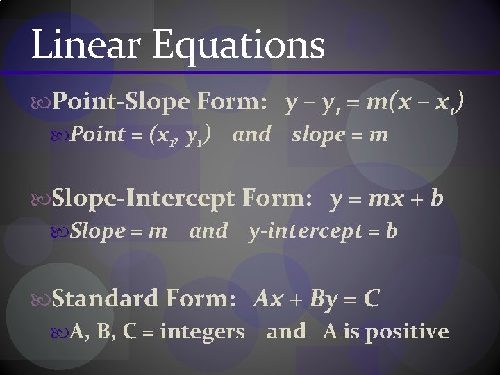 Linear Equations Point-Slope Form: y – y 1 = m(x – x 1) Point