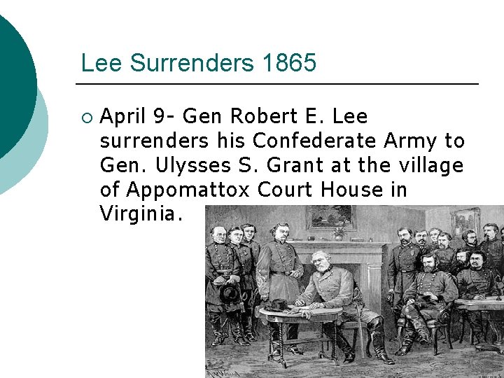 Lee Surrenders 1865 ¡ April 9 - Gen Robert E. Lee surrenders his Confederate