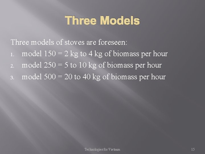 Three Models Three models of stoves are foreseen: 1. model 150 = 2 kg