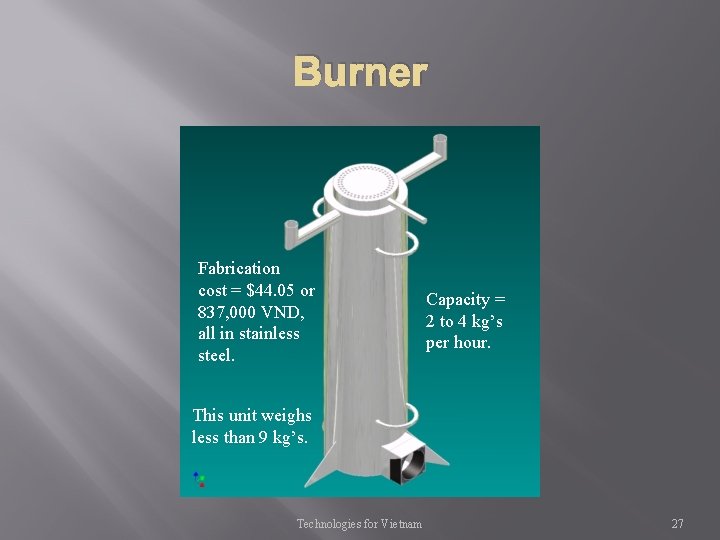 Burner Fabrication cost = $44. 05 or 837, 000 VND, all in stainless steel.