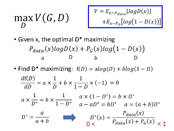  • Given x, the optimal D* maximizing a D b D • Find