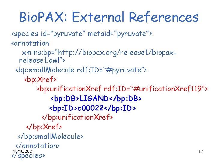 Bio. PAX: External References <species id=“pyruvate” metaid=“pyruvate”> <annotation xmlns: bp=“http: //biopax. org/release 1/biopaxrelease 1.