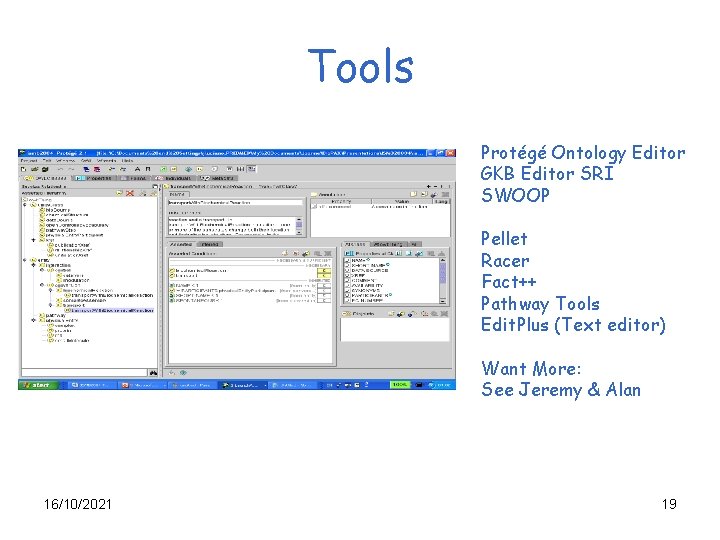 Tools Protégé Ontology Editor GKB Editor SRI SWOOP Pellet Racer Fact++ Pathway Tools Edit.