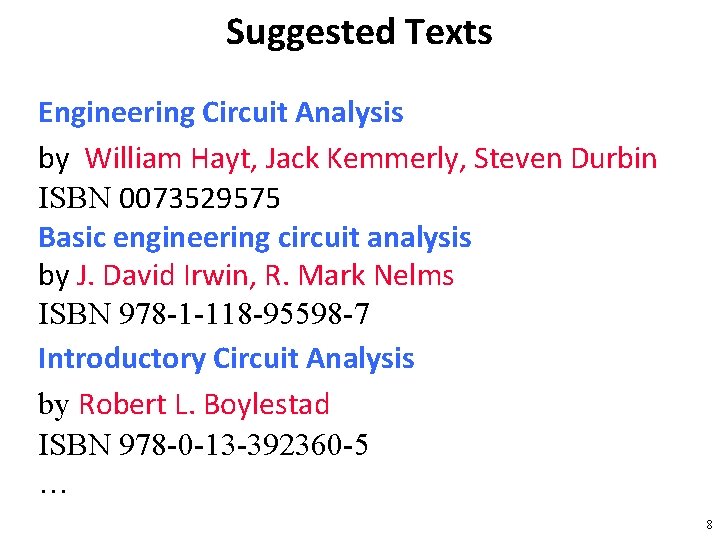 Suggested Texts Engineering Circuit Analysis by William Hayt, Jack Kemmerly, Steven Durbin ISBN 0073529575