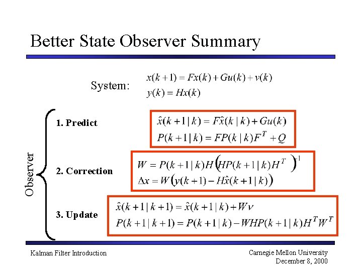 Better State Observer Summary System: Observer 1. Predict 2. Correction 3. Update Kalman Filter