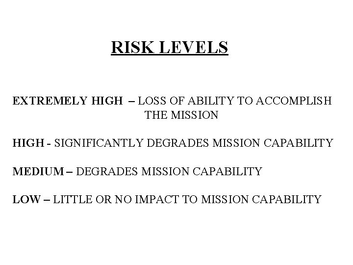RISK LEVELS EXTREMELY HIGH – LOSS OF ABILITY TO ACCOMPLISH THE MISSION HIGH -
