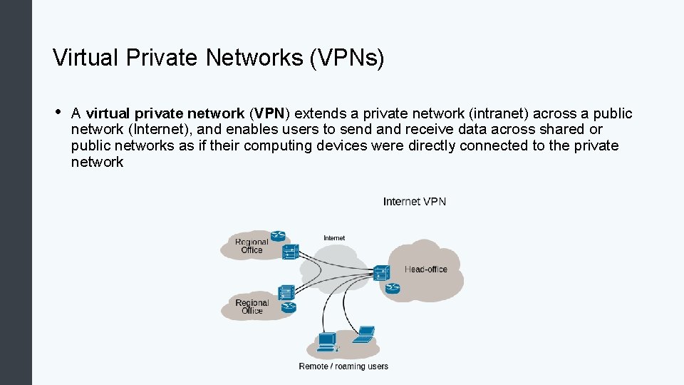 Virtual Private Networks (VPNs) • A virtual private network (VPN) extends a private network