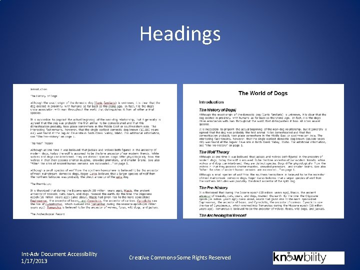 Headings Int-Adv Document Accessibility 1/17/2013 Creative Commons-Some Rights Reserved 