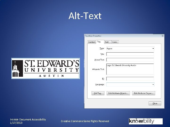 Alt-Text Int-Adv Document Accessibility 1/17/2013 Creative Commons-Some Rights Reserved 