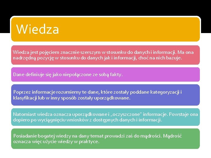 Wiedza jest pojęciem znacznie szerszym w stosunku do danych i informacji. Ma ona nadrzędną