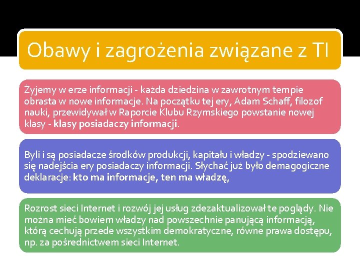 Obawy i zagrożenia związane z TI Żyjemy w erze informacji - każda dziedzina w