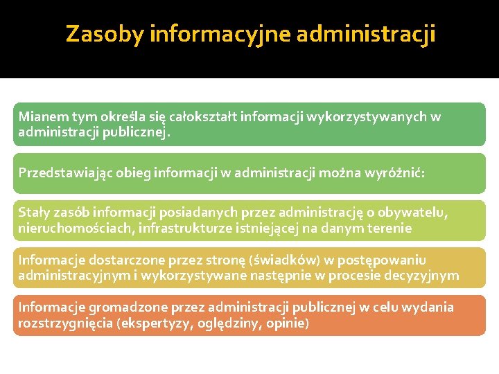 Zasoby informacyjne administracji Mianem tym określa się całokształt informacji wykorzystywanych w administracji publicznej. Przedstawiając