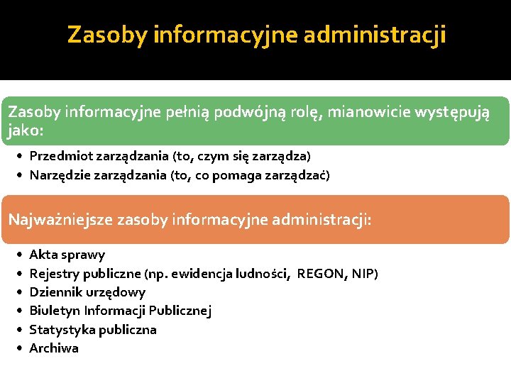 Zasoby informacyjne administracji Zasoby informacyjne pełnią podwójną rolę, mianowicie występują jako: • Przedmiot zarządzania