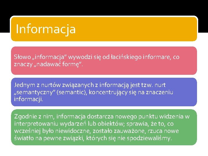 Informacja Słowo „informacja” wywodzi się od łacińskiego informare, co znaczy „nadawać formę”. Jednym z