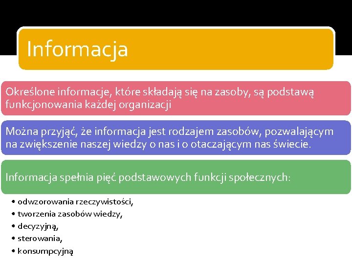 Informacja Określone informacje, które składają się na zasoby, są podstawą funkcjonowania każdej organizacji Można