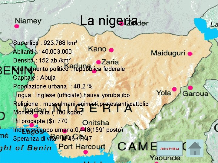La nigeria Superfice : 923. 768 km² Abitanti : 140. 003. 000 Densità :