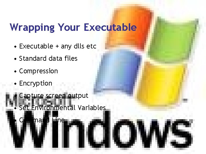 Wrapping Your Executable • Executable + any dlls etc • Standard data files •