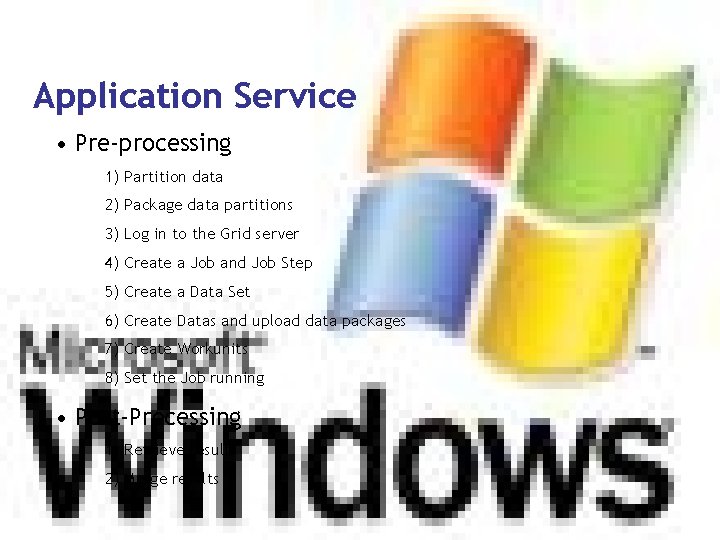 Application Service • Pre-processing 1) Partition data 2) Package data partitions 3) Log in