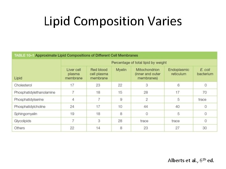 Lipid Composition Varies Alberts et al. , 6 th ed. 