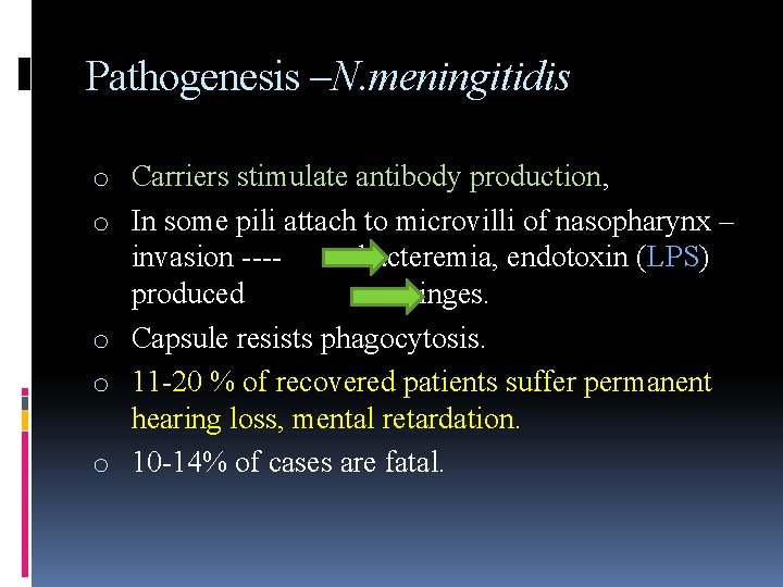 Pathogenesis –N. meningitidis o Carriers stimulate antibody production, o In some pili attach to