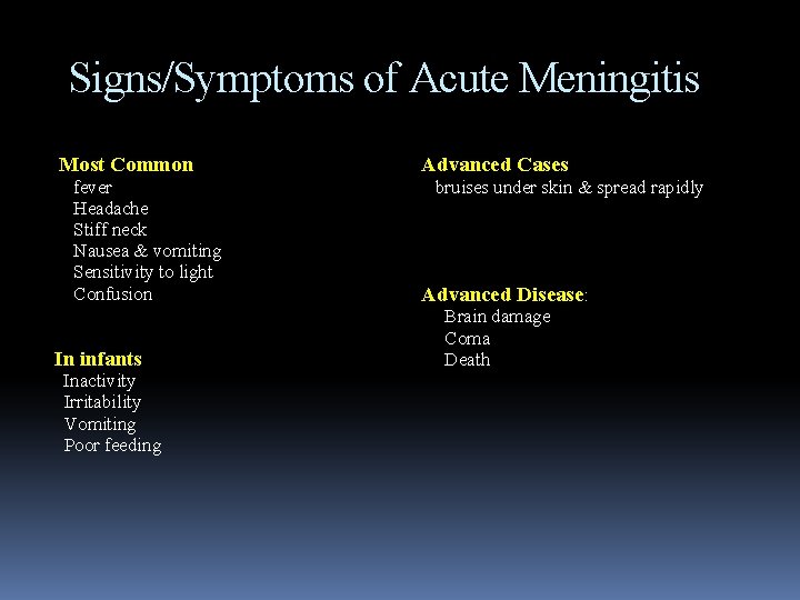 Signs/Symptoms of Acute Meningitis Most Common fever Headache Stiff neck Nausea & vomiting Sensitivity