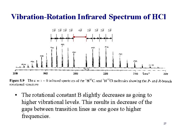 Vibration-Rotation Infrared Spectrum of HCl • The rotational constant B slightly decreases as going