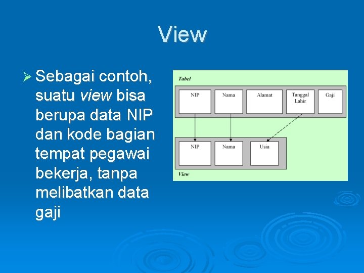 View Sebagai contoh, suatu view bisa berupa data NIP dan kode bagian tempat pegawai