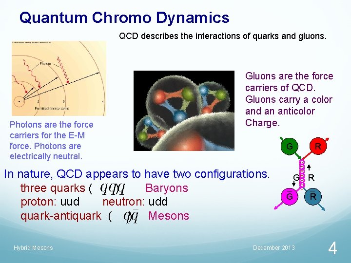 Quantum Chromo Dynamics QCD describes the interactions of quarks and gluons. Photons are the