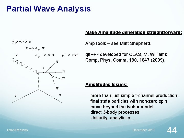 Partial Wave Analysis Make Amplitude generation straightforward: Amp. Tools – see Matt Shepherd. qft++