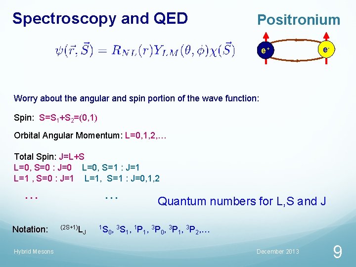 Spectroscopy and QED Positronium e+ e- Worry about the angular and spin portion of