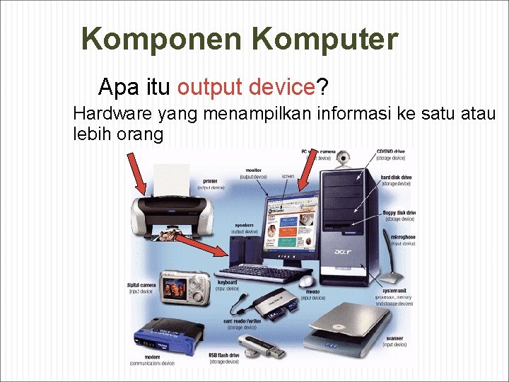 Komponen Komputer Apa itu output device? Hardware yang menampilkan informasi ke satu atau lebih