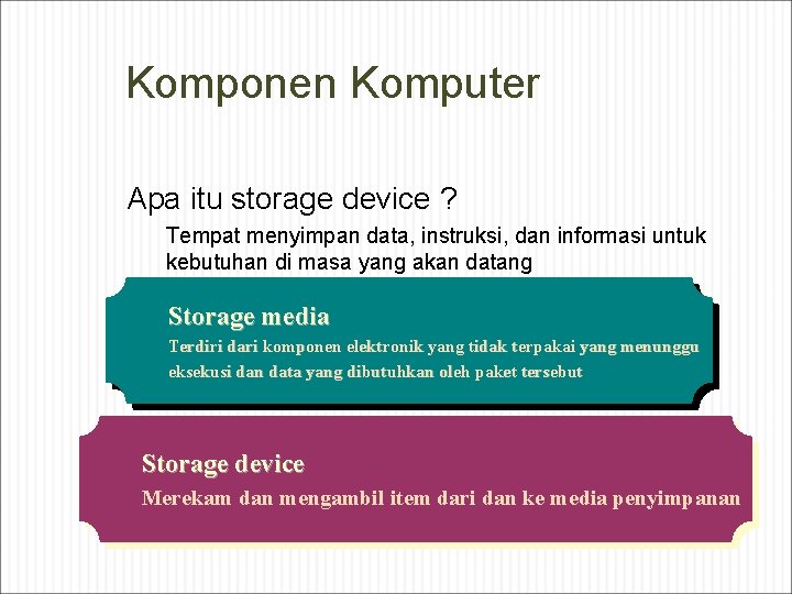 Komponen Komputer Apa itu storage device ? Tempat menyimpan data, instruksi, dan informasi untuk