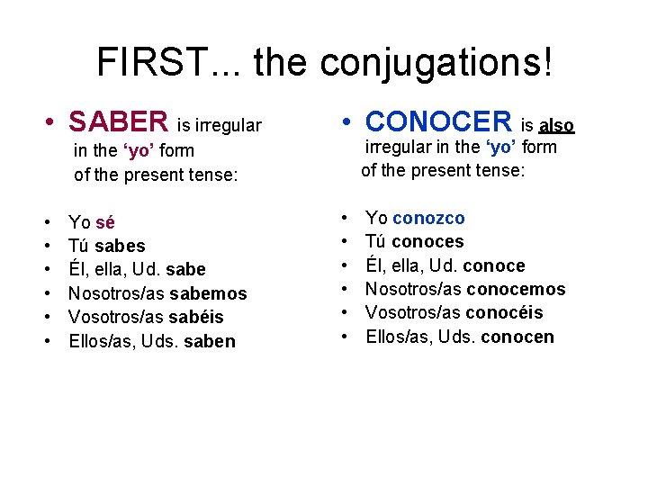 FIRST. . . the conjugations! • SABER is irregular • CONOCER is also irregular