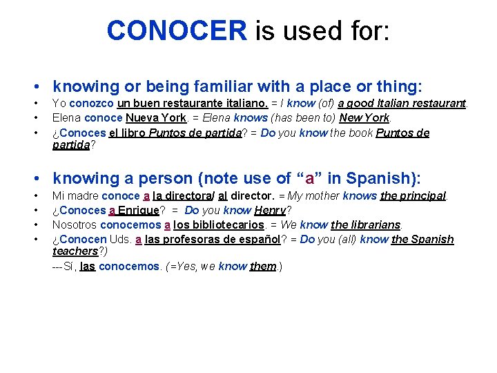 CONOCER is used for: • knowing or being familiar with a place or thing: