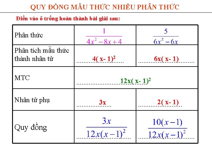 QUY ĐỒNG MẪU THỨC NHIỀU PH N THỨC Điền vào ô trống hoàn thành