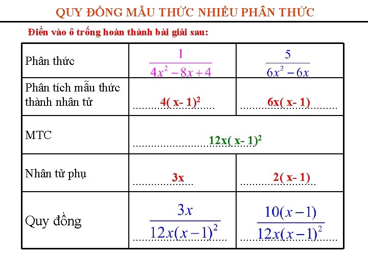 QUY ĐỒNG MẪU THỨC NHIỀU PH N THỨC Điền vào ô trống hoàn thành