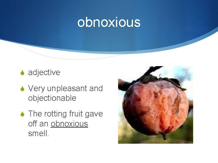 obnoxious S adjective S Very unpleasant and objectionable S The rotting fruit gave off