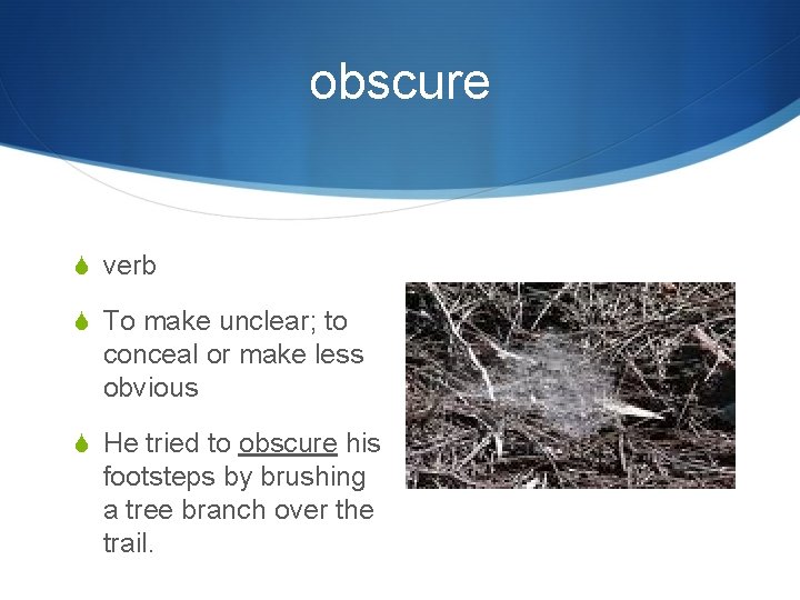 obscure S verb S To make unclear; to conceal or make less obvious S