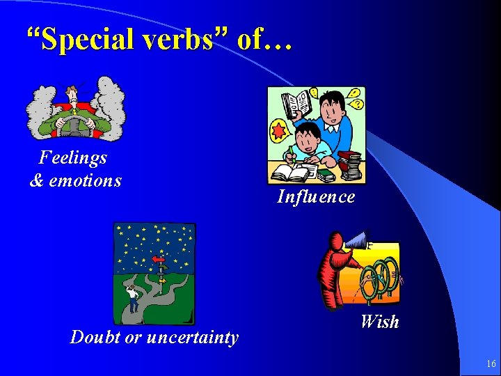 “Special verbs” of… Feelings & emotions Doubt or uncertainty Influence Wish 16 