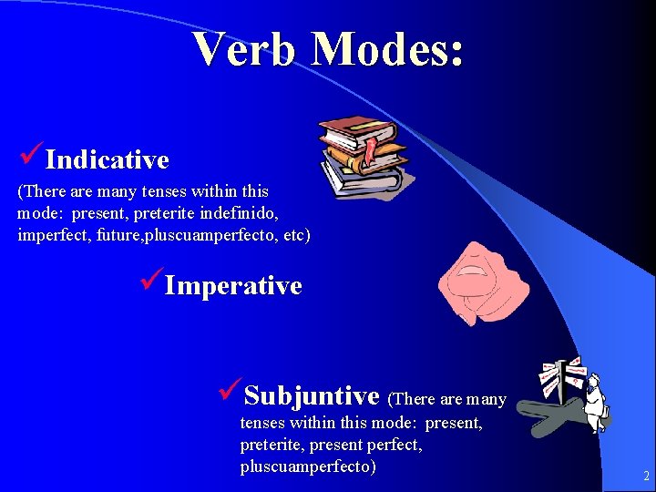 Verb Modes: üIndicative (There are many tenses within this mode: present, preterite indefinido, imperfect,