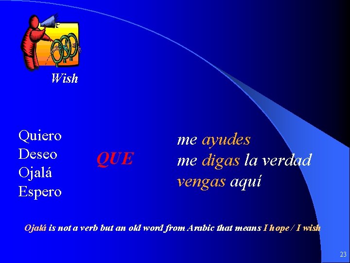 Wish Quiero Deseo Ojalá Espero QUE me ayudes me digas la verdad vengas aquí
