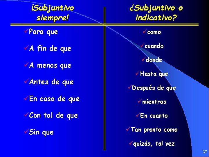 ¡Subjuntivo siempre! üPara que üA fin de que üA menos que üAntes de que