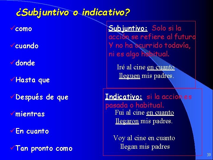 ¿Subjuntivo o indicativo? ücomo ücuando üdonde üHasta que üDespués de que ümientras üEn cuanto
